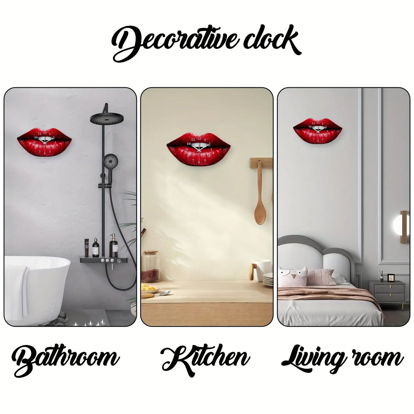 A decor inspiration collage for The Scarlet Kiss Silent Wall Clock from Fantascticz, showcasing it as a unique pop art accent in a modern bathroom, a stylish kitchen, and a chic living room.