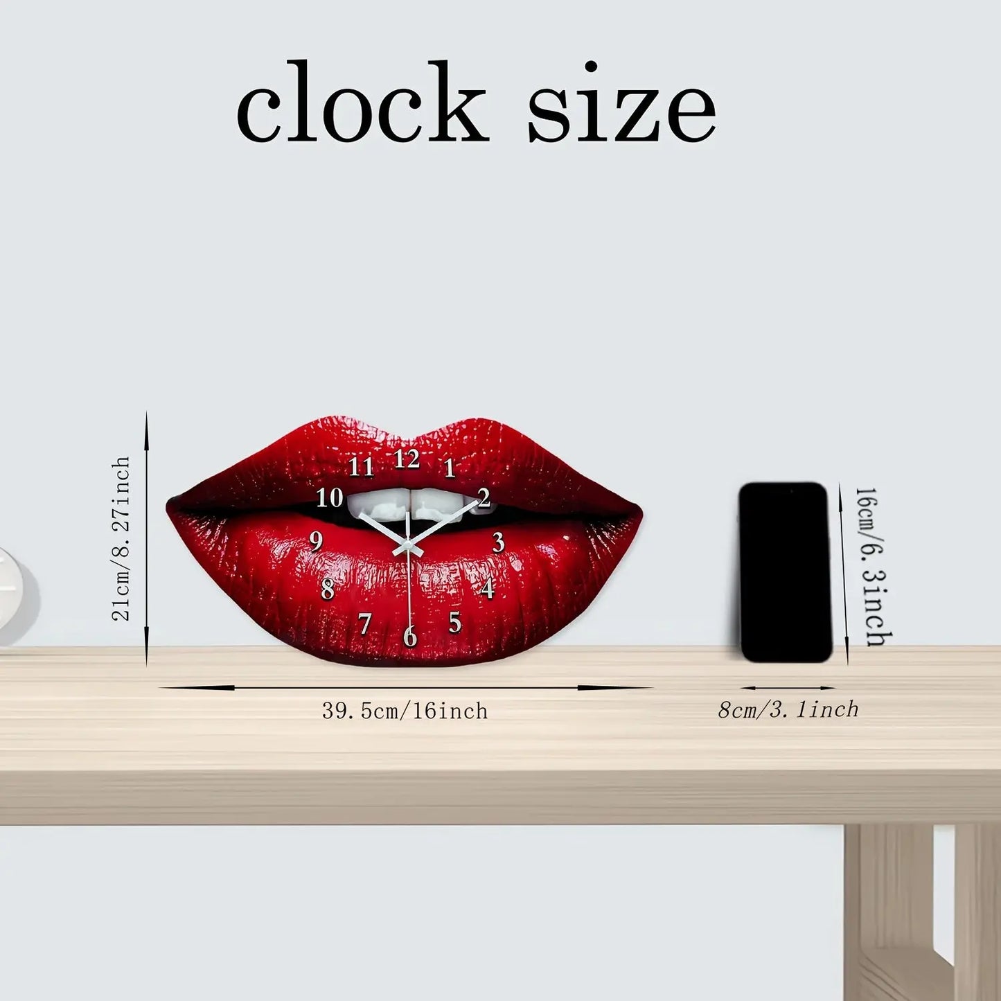 A size and dimensions chart for The Scarlet Kiss Silent Wall Clock from Fantascticz, showing its measurements: 39.5 cm (15.55 inches) wide by 21 cm (8.27 inches) tall.