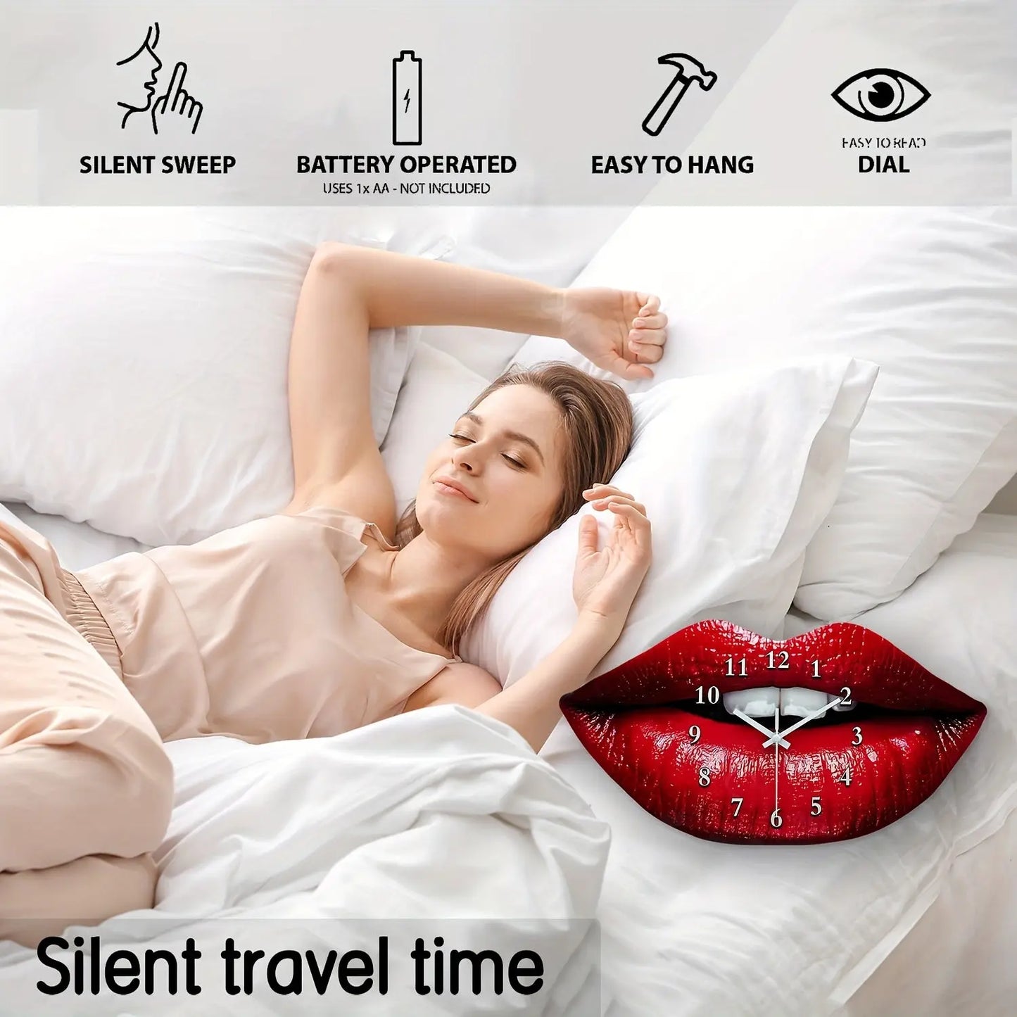 Features infographic for The Scarlet Kiss Silent Wall Clock from Fantascticz. Highlights include its silent sweep movement, battery operation, easy-to-hang design, and clear, easy-to-read dial, illustrated by a peacefully resting woman.