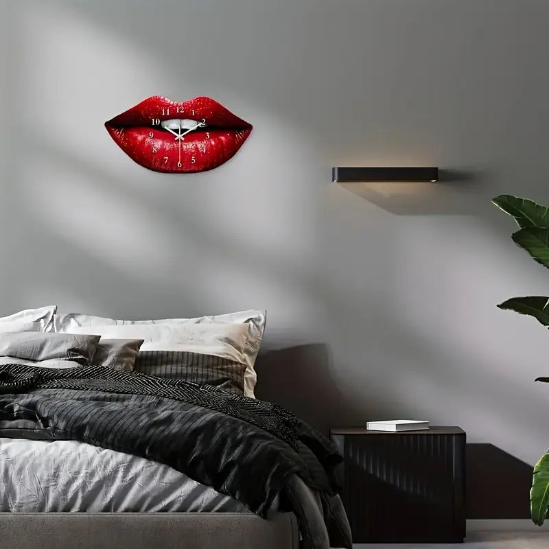 The Scarlet Kiss Silent Wall Clock from Fantascticz shown as a glamorous pop art feature in a modern bedroom, highlighting its non-ticking design perfect for a restful environment.