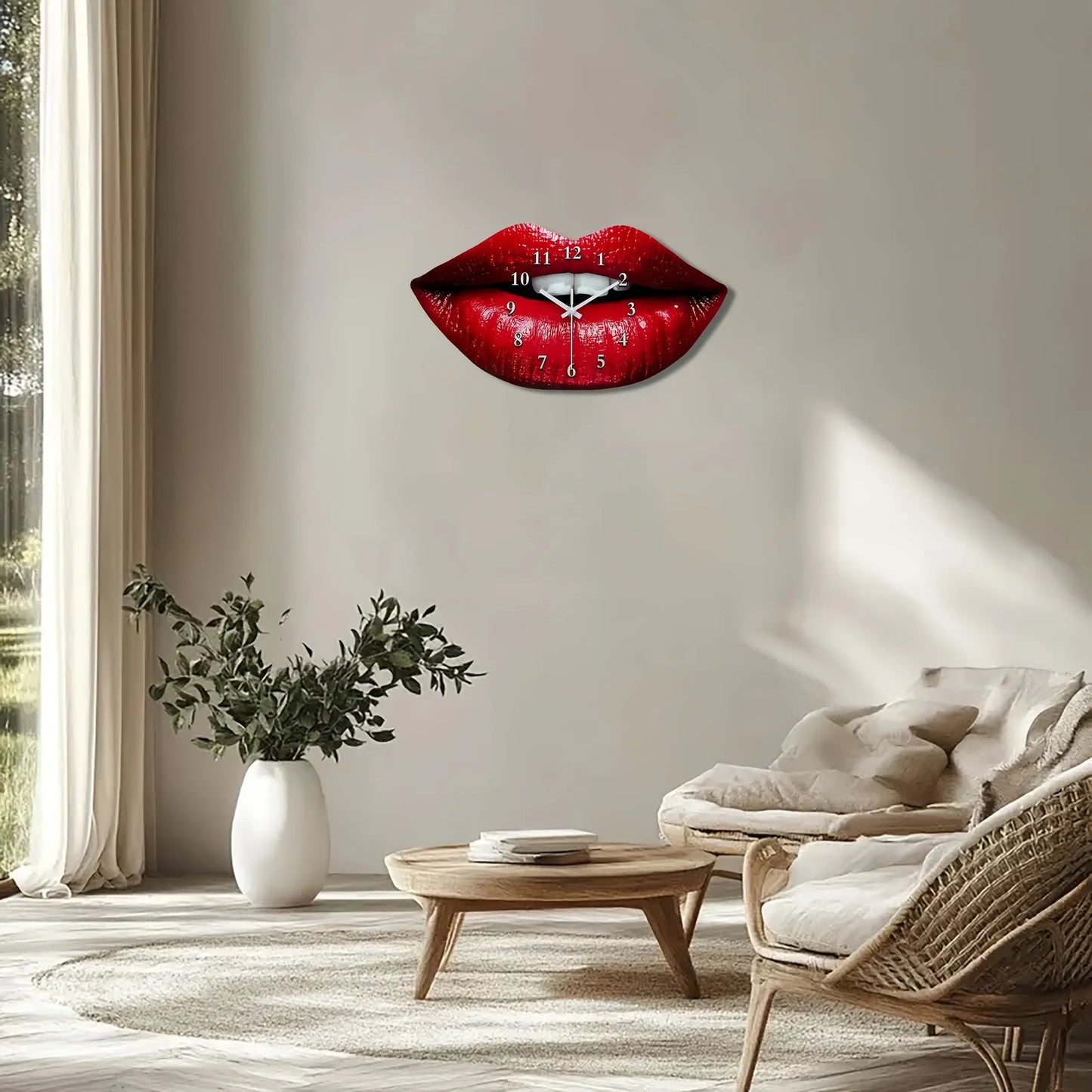 The Scarlet Kiss Silent Wall Clock from Fantascticz featured as a bold pop art accent in a bright, modern living room, showing its scale and impact as a unique piece of home decor.