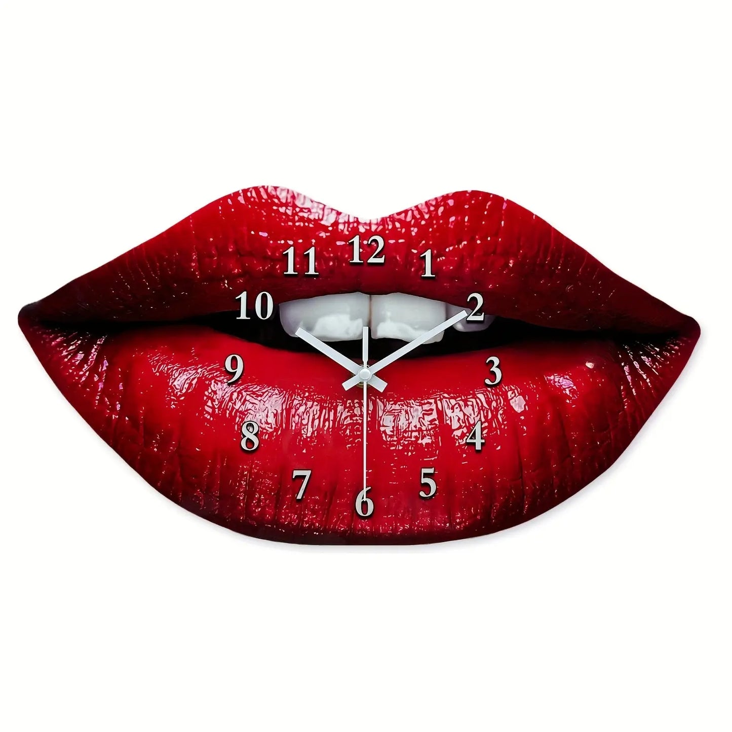 Front view of The Scarlet Kiss Silent Wall Clock from Fantascticz. A vibrant pop art clock shaped like glossy scarlet red lips with white teeth, featuring a clear, easy-to-read dial and non-ticking hands on a clean white background.