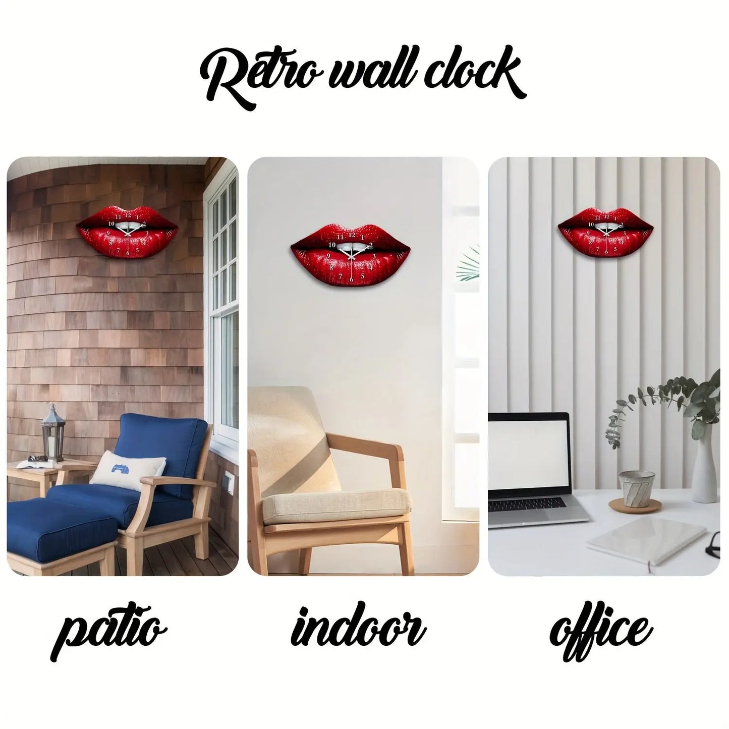 A collage showcasing the versatile style of The Scarlet Kiss Silent Wall Clock from Fantascticz, featured as a pop art statement piece in a patio setting, an indoor living space, and a modern office.