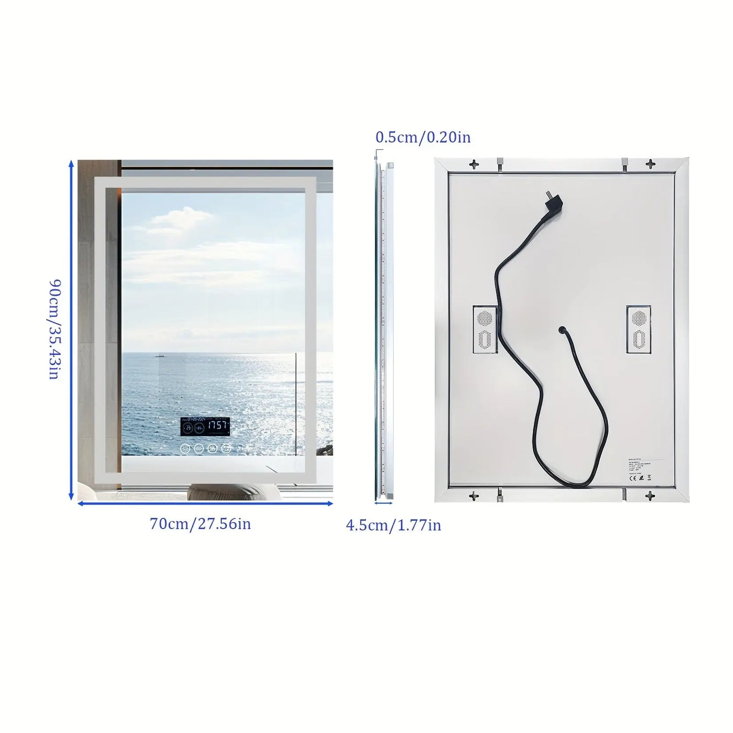 A technical diagram for The Signature Smart Mirror by Fantascticz, showing precise product dimensions (90cm H x 70cm W x 4.5cm D) and a view of the back, detailing the electrical cord and mounting points for easy installation.