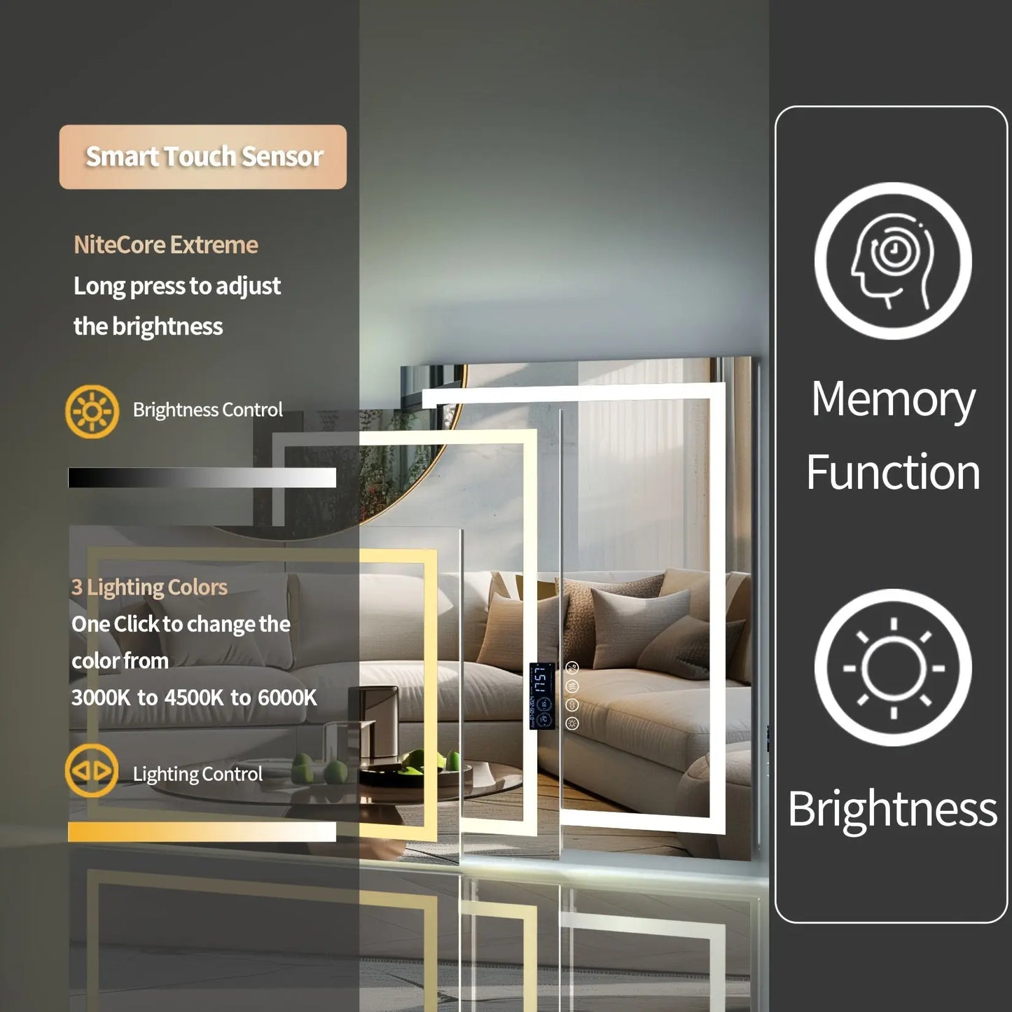 An infographic for The Spectrum Smart Mirror by Fantascticz, detailing its advanced Smart Touch Sensor controls. The image highlights the intuitive memory function, seamless brightness adjustment, and the ability to switch between three distinct light color temperatures to create the perfect ambiance.