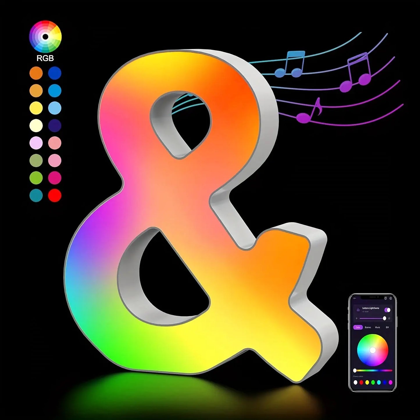Colorful '&' symbol with music notes and smartphone app interface on a black background