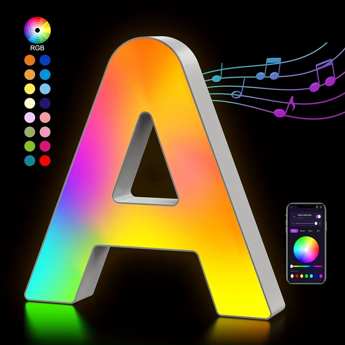 Colorful letter 'A' light with RGB options and smartphone app on a dark background
