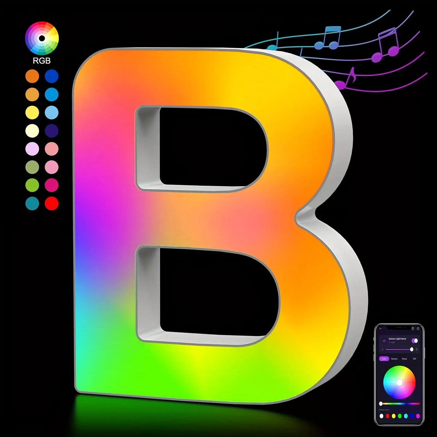 Colorful letter 'B' with RGB color options and a smartphone app on a black background