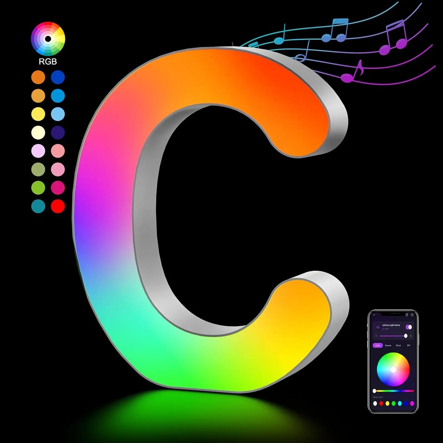 Colorful letter 'C' with RGB color wheel and smartphone app on a black background