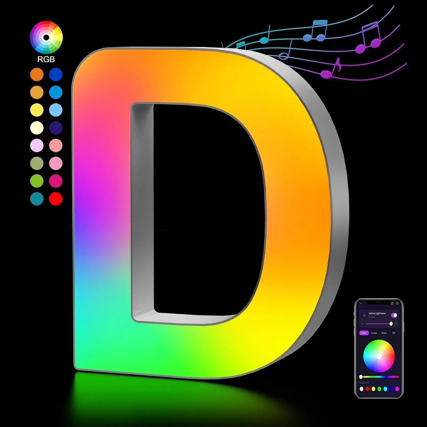 Colorful letter 'D' with RGB options and smartphone app on a black background