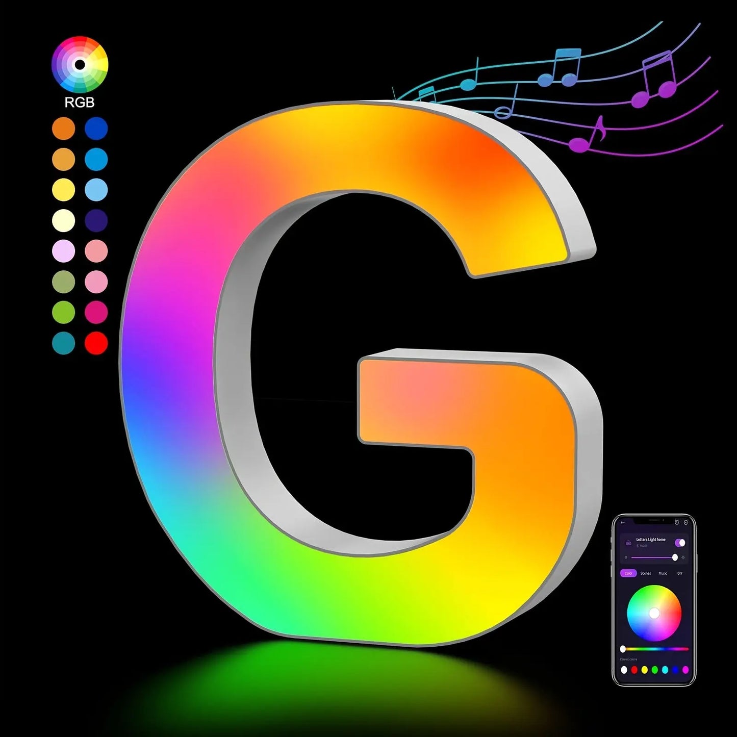Colorful letter 'G' with RGB color wheel and smartphone app interface on a black background