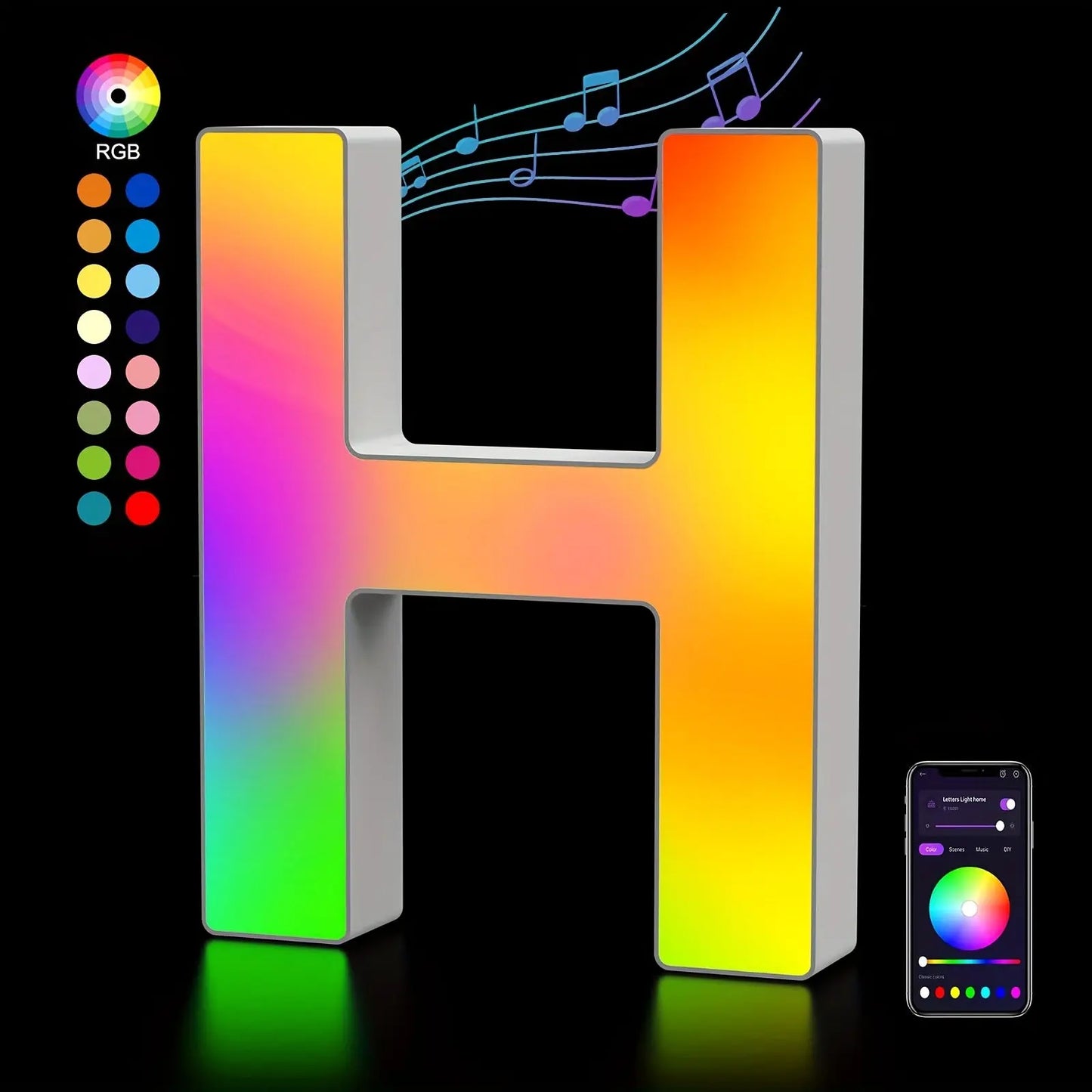 Colorful letter 'H' with RGB lighting and smartphone app control on a black background