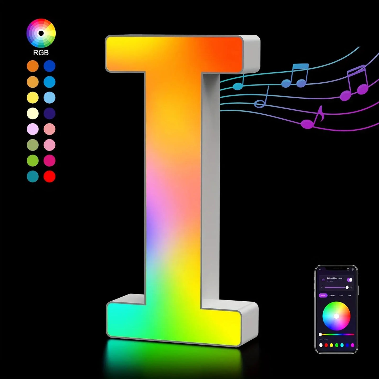 Colorful letter 'I' light with smartphone app control on a black background
