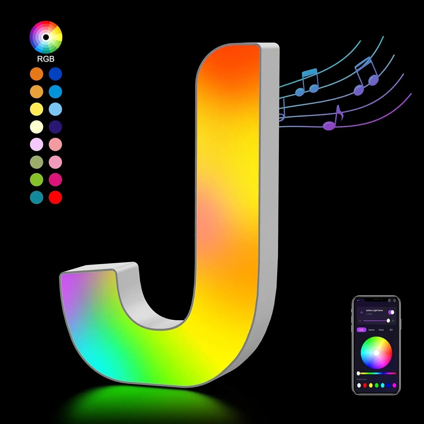 Colorful letter 'J' with RGB color wheel and smartphone app interface on a black background
