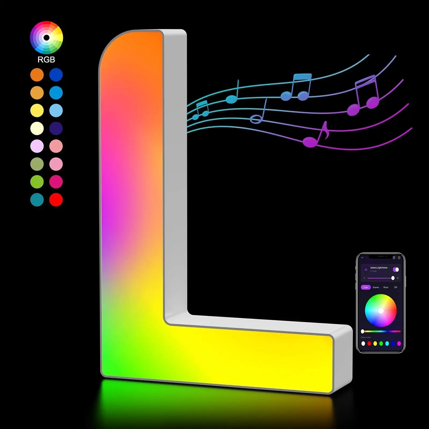 Colorful LED letter 'L' with music notes and smartphone app control on a black background
