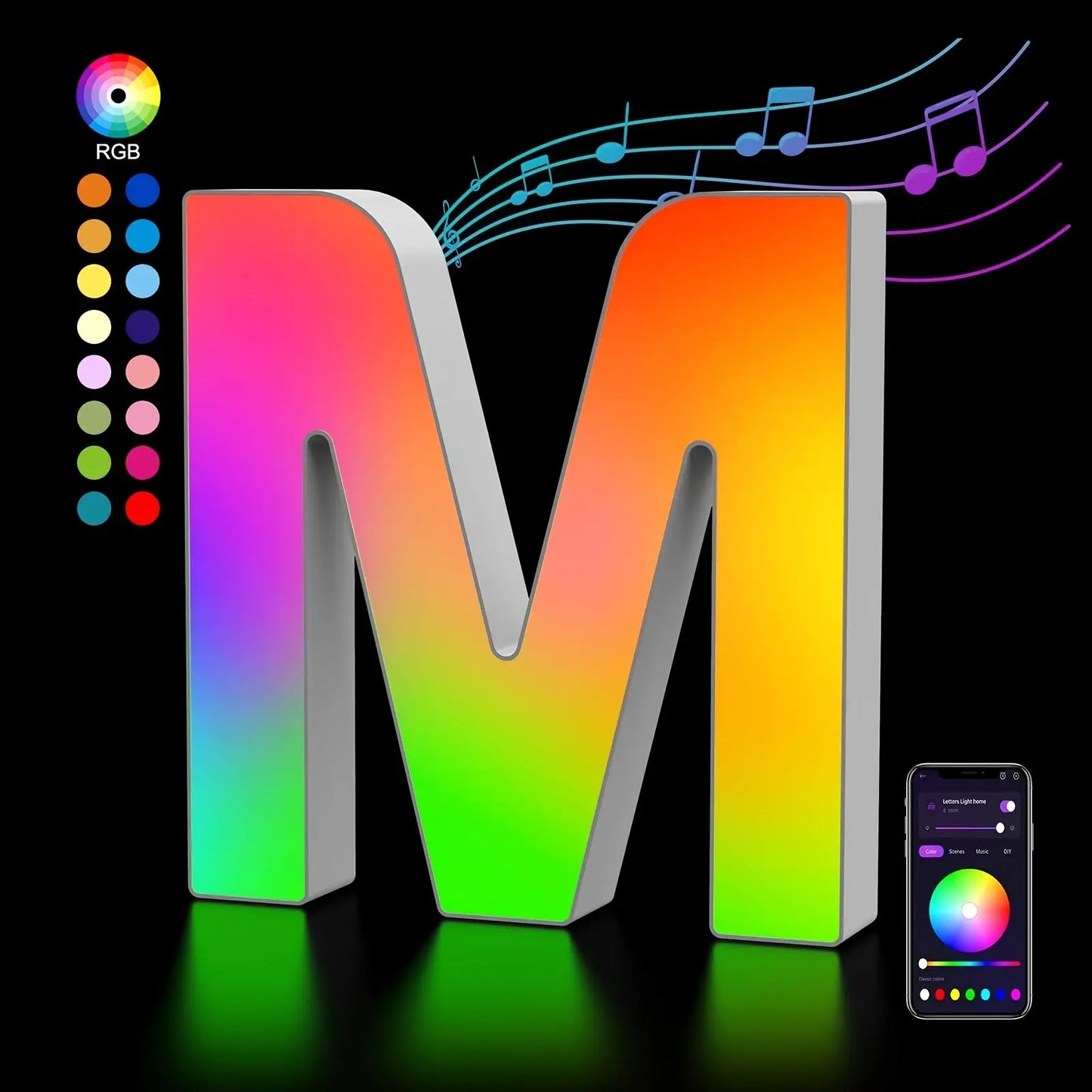 Colorful letter 'M' with RGB options and a smartphone app on a black background