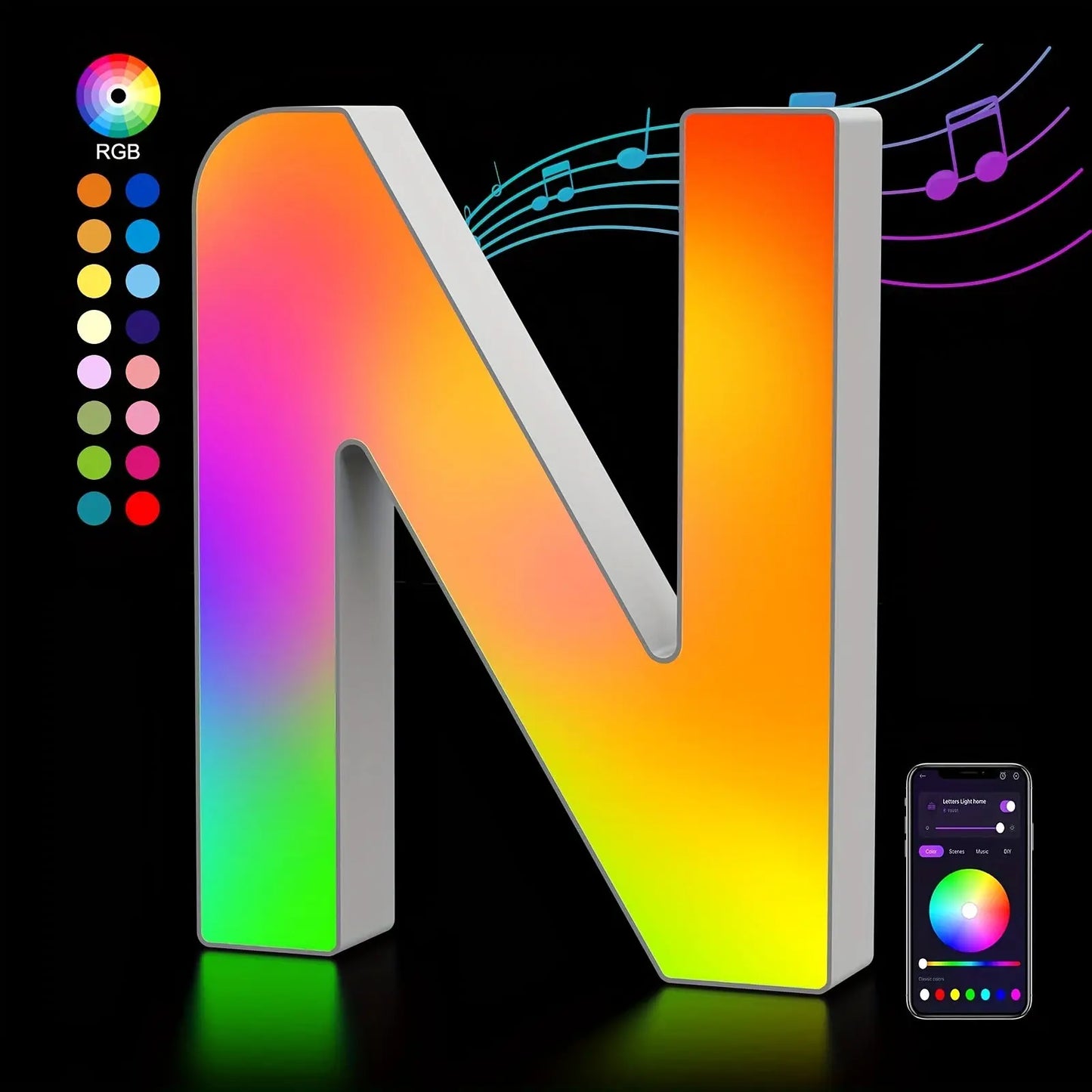 Large letter 'N' with colorful gradient and smartphone app for color selection on a dark background