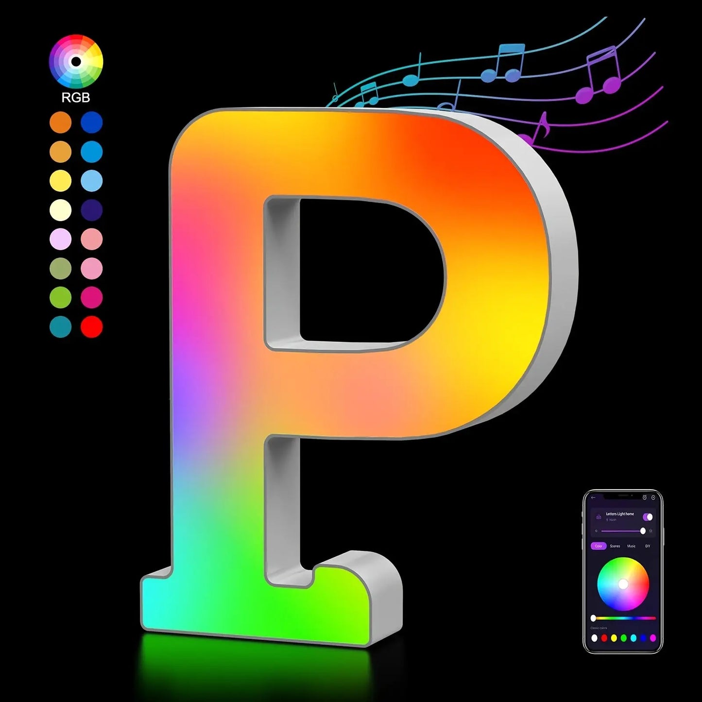 Colorful letter 'P' with RGB color wheel and smartphone app interface on a black background