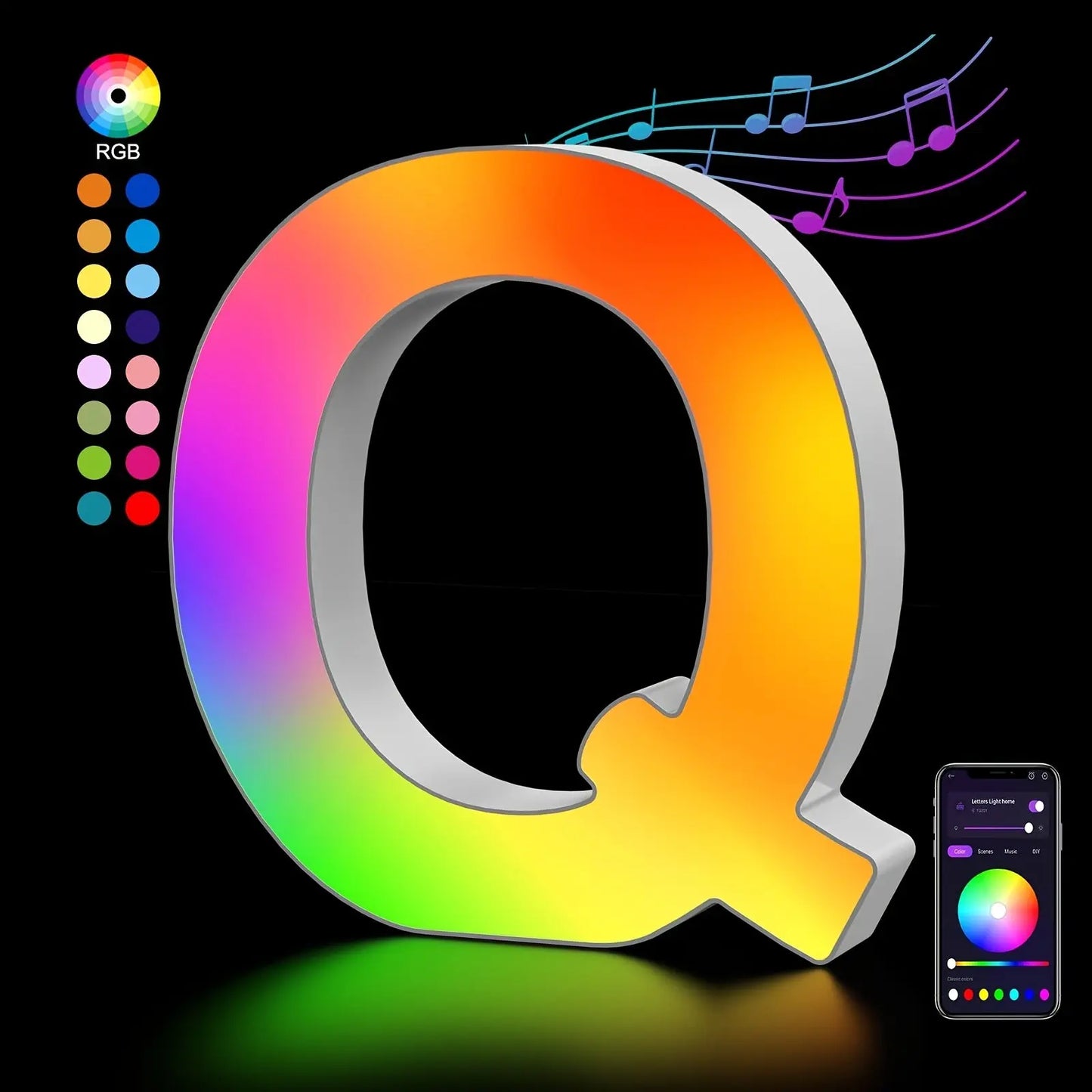 Colorful letter 'Q' with RGB color wheel and smartphone app on a black background