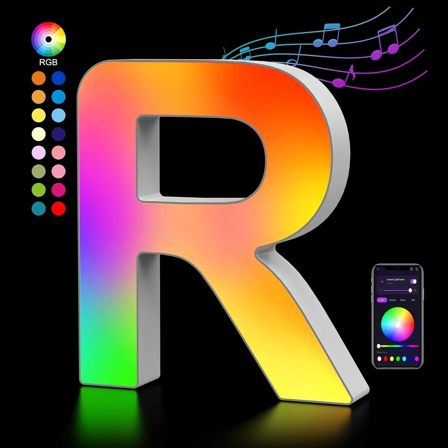Colorful letter 'R' with RGB options and smartphone app on a black background