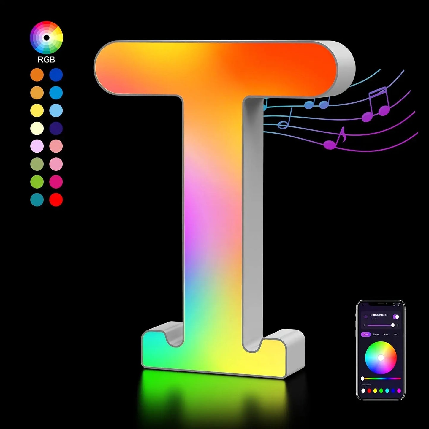 Colorful letter 'T' with RGB options and smartphone app on a black background