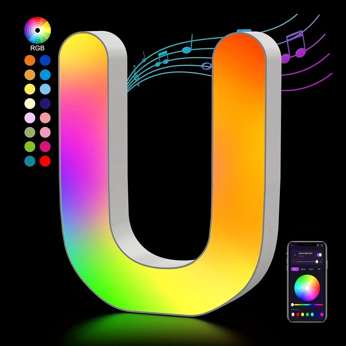 Colorful letter 'U' with RGB options and smartphone app on a black background