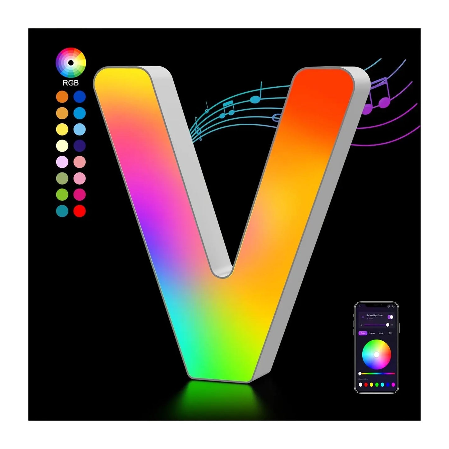 Colorful letter 'V' with RGB options and smartphone app on a black background
