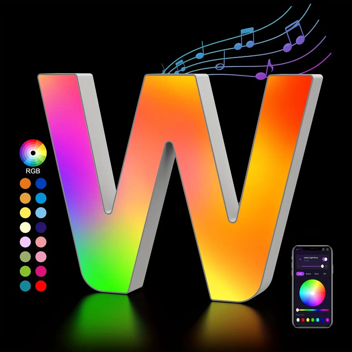 Colorful letter 'W' with RGB color wheel and smartphone app on a black background