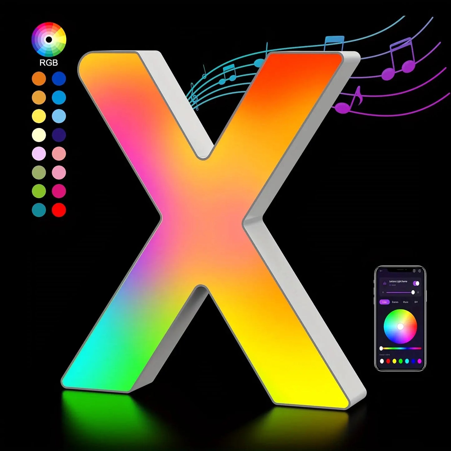 Colorful letter 'X' with RGB color wheel and smartphone app on a black background