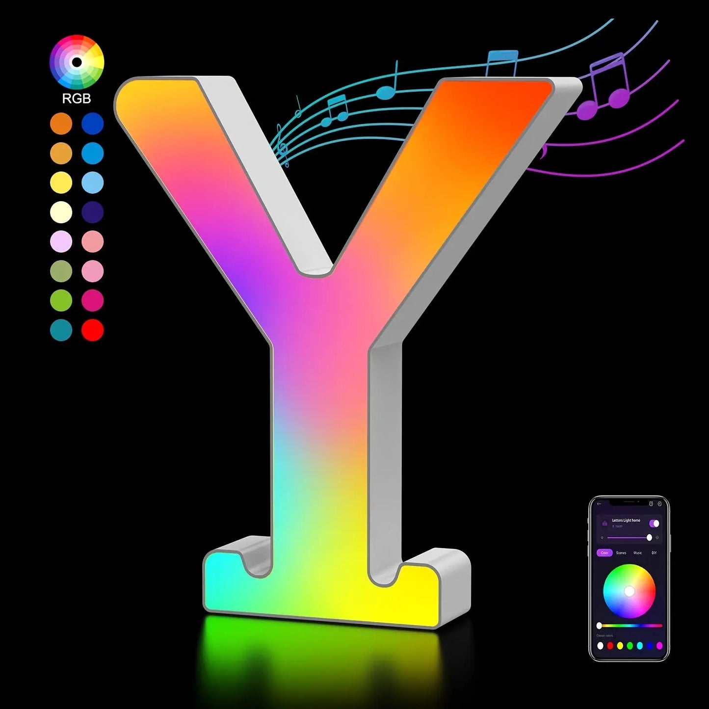 Colorful letter 'Y' light with RGB color options and smartphone app control on a black background.