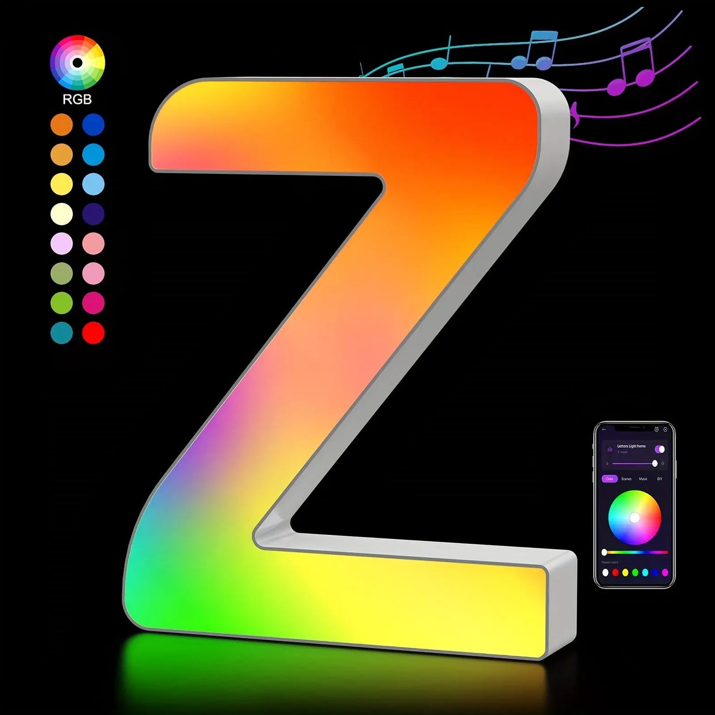 Colorful letter 'Z' with RGB color wheel and smartphone app on a black background