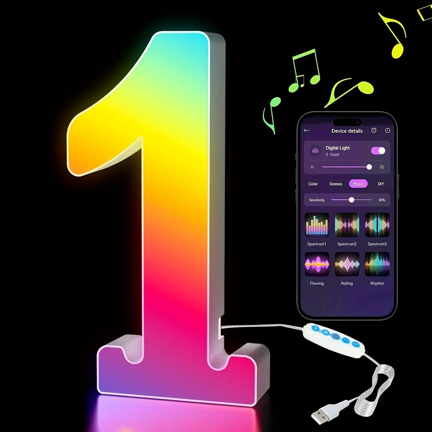 Colorful LED number '1' with smartphone app interface on a black background