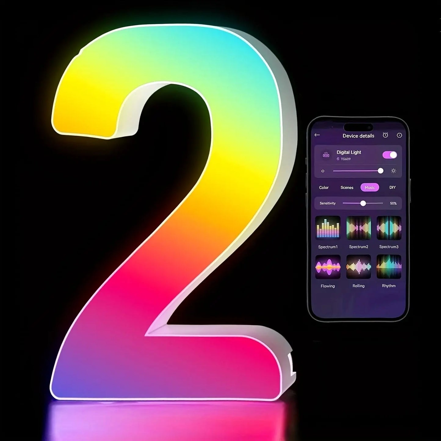 Colorful number '2' light with smartphone app interface on a black background