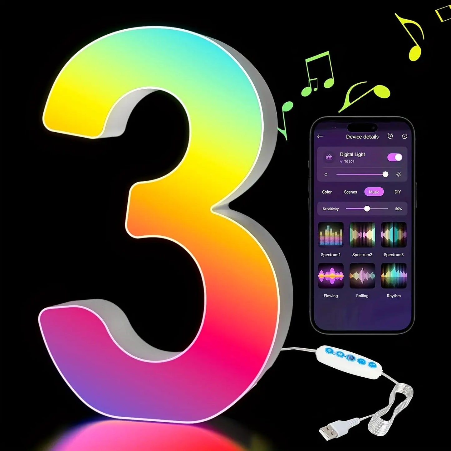 Colorful number '3' with a smartphone app interface and USB cable on a black background