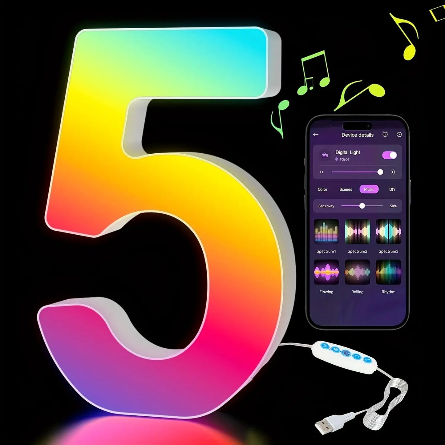 Colorful number '5' light with smartphone app control on a black background