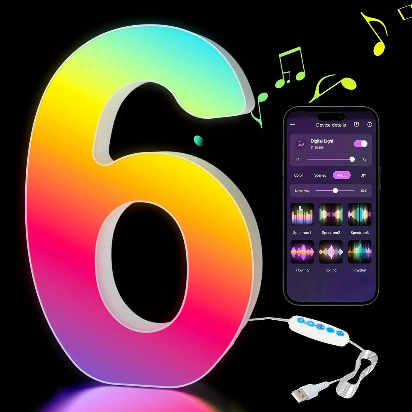 Colorful LED number '6' with smartphone app interface on a black background
