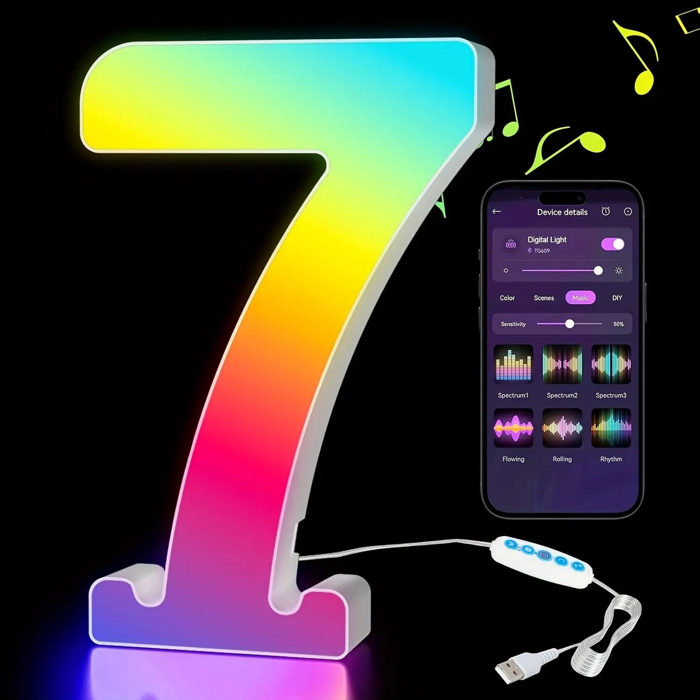 Colorful number '7' light with smartphone app interface on a black background