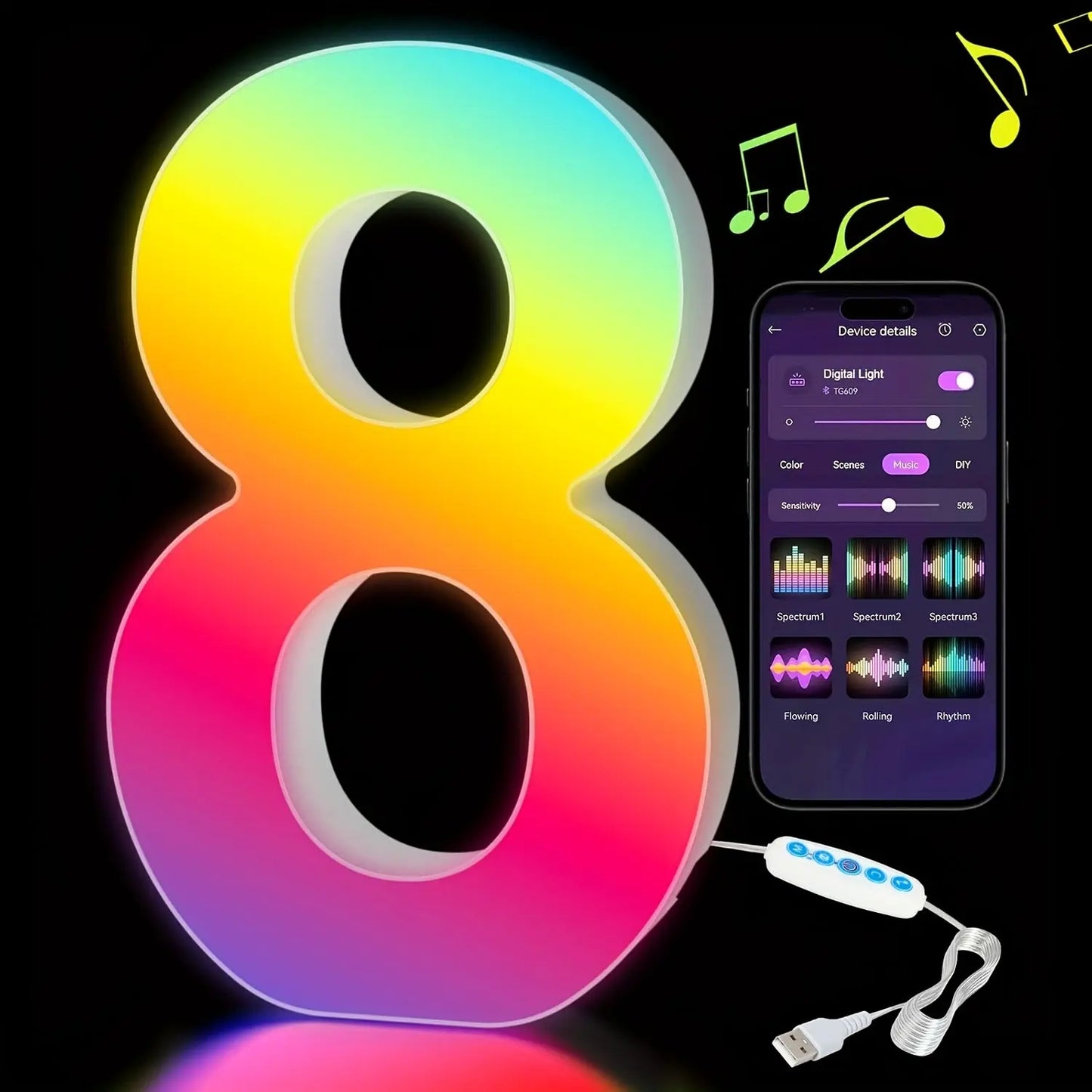 Colorful number '8' light with smartphone app interface on a black background