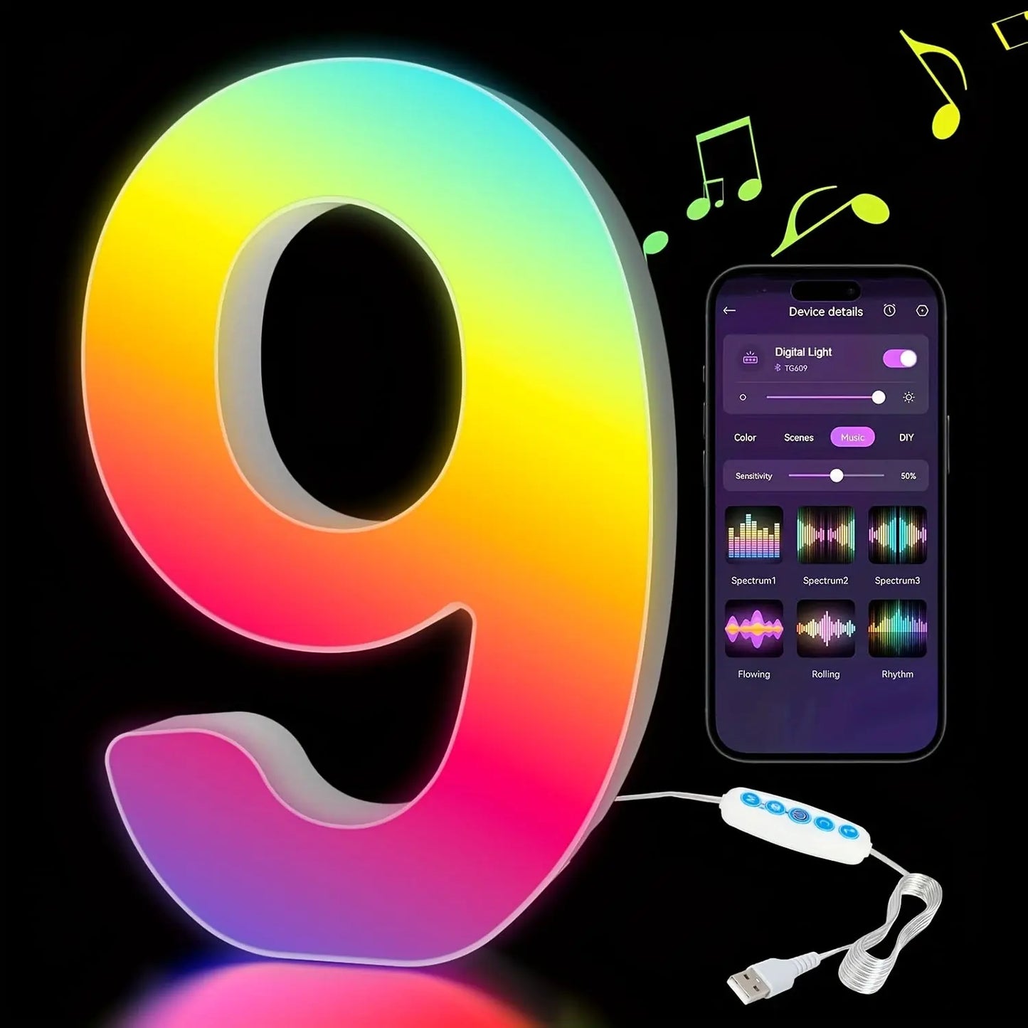 Colorful number '9' light with smartphone app interface on a black background