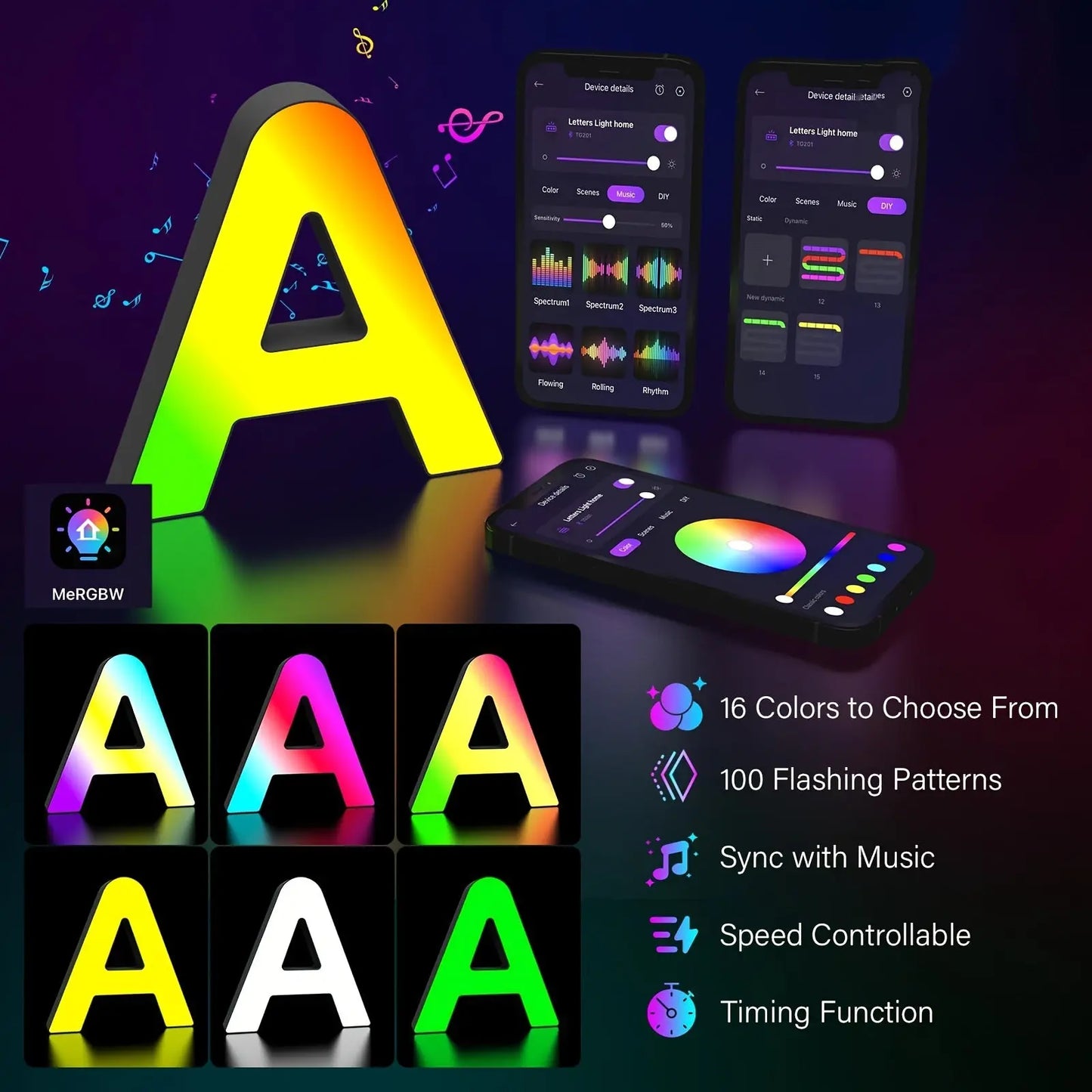 Colorful letter 'A' light with smartphone app controls and features listed on a dark background