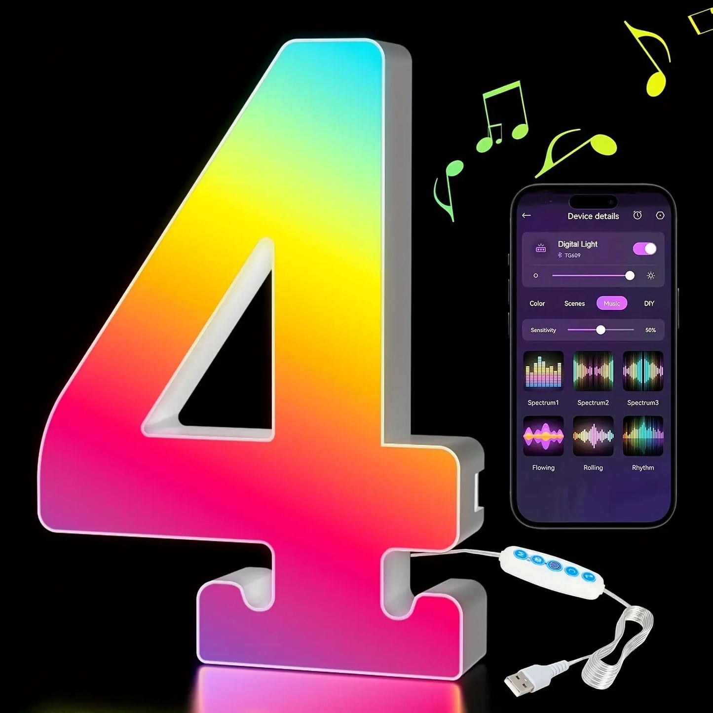 Colorful LED number '4' with smartphone app interface on a black background