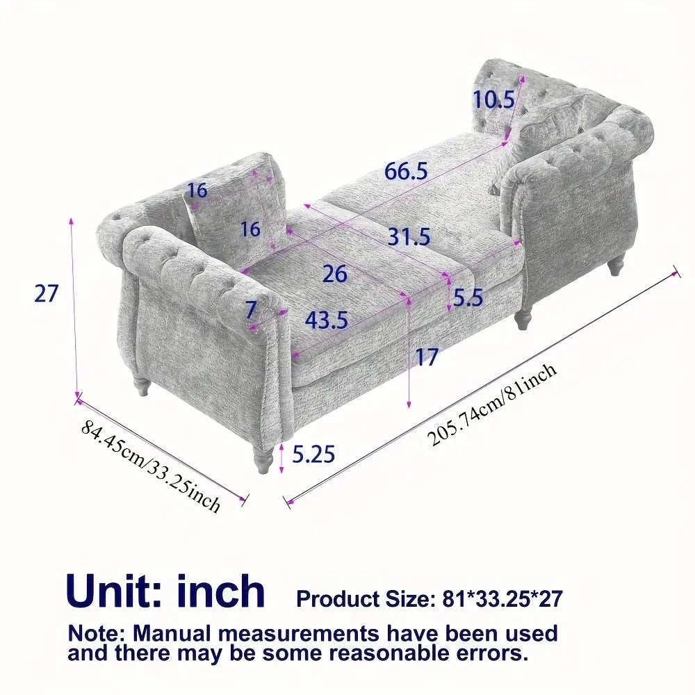 Gray sofa with dimensions labeled in inches on a white background