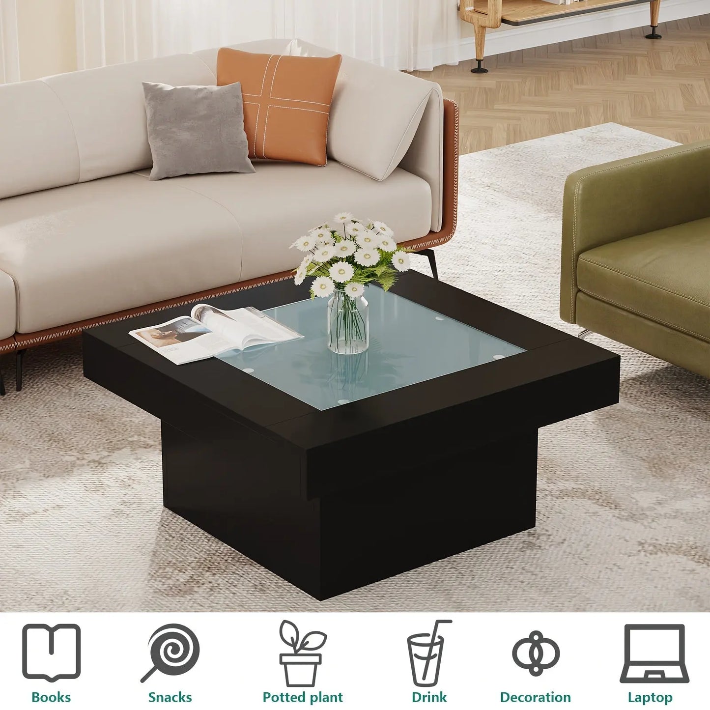 Modern living room with a black coffee table, sofa, and decorative items.