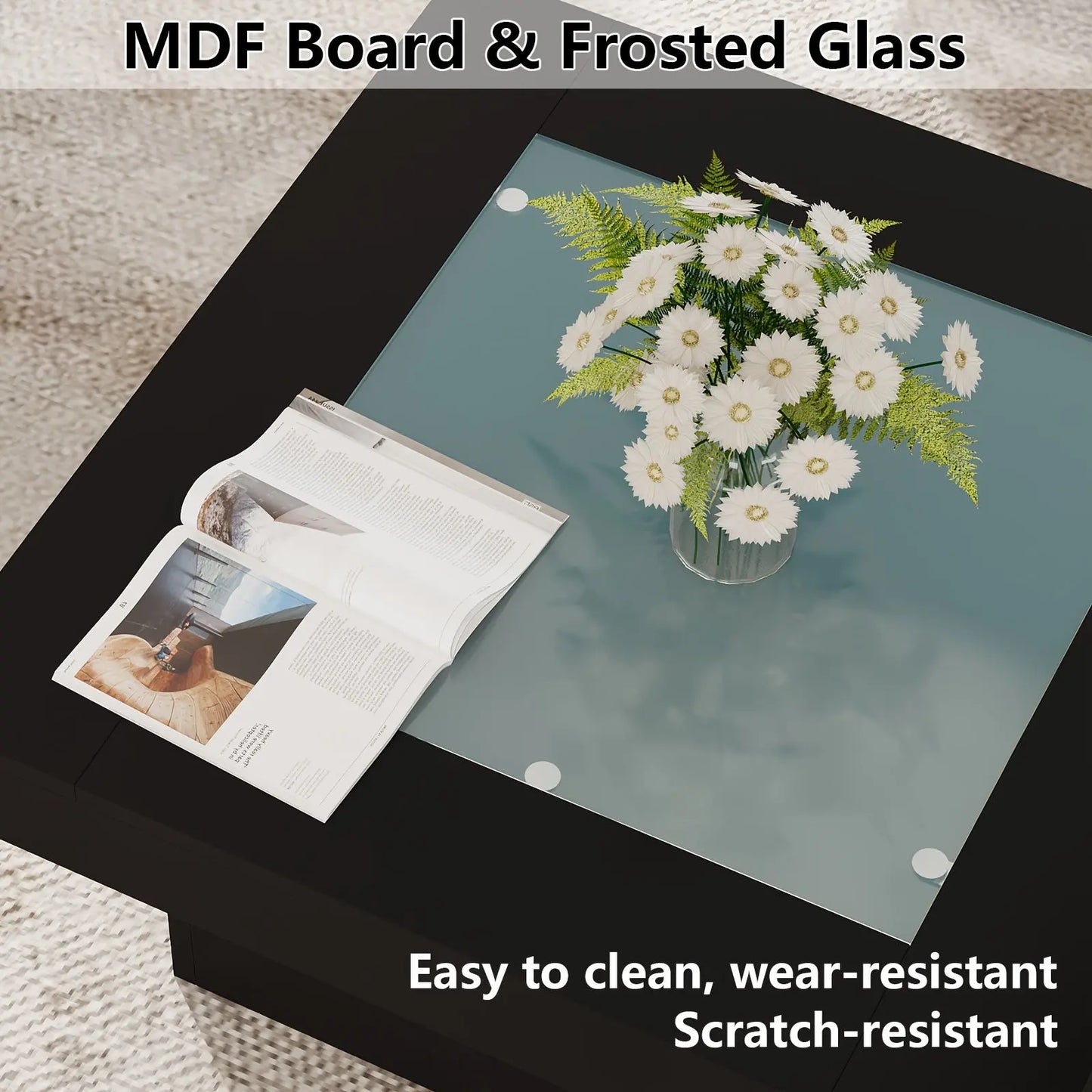 MDF board with frosted glass surface featuring a vase of flowers and photo album.