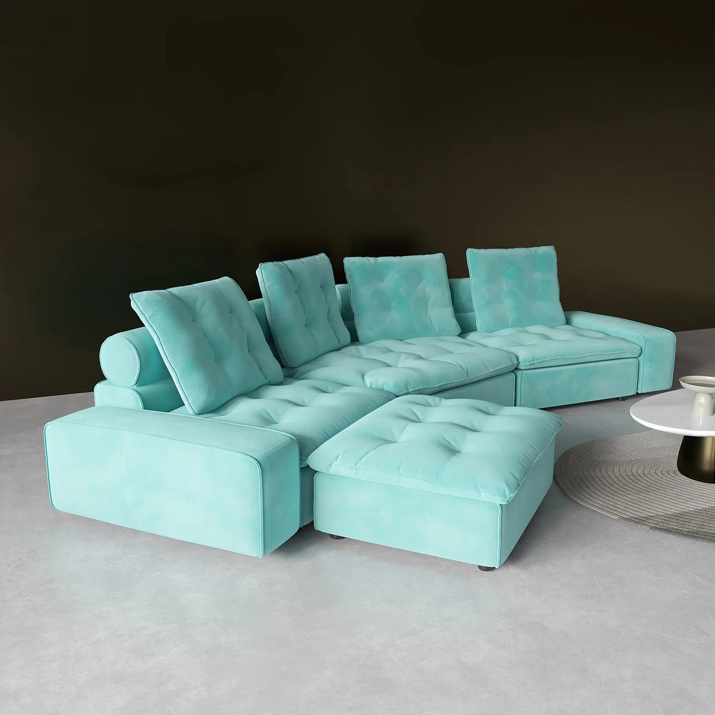 Turquoise sectional sofa with ottoman on a neutral background