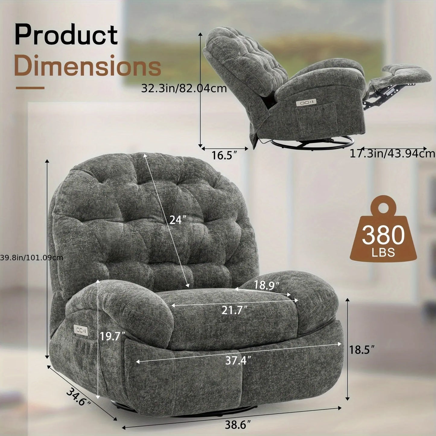 Gray recliner chair with dimensions and weight capacity displayed