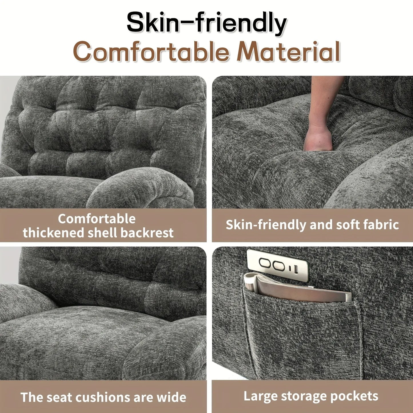 Gray recliner chair with features highlighted on a white background