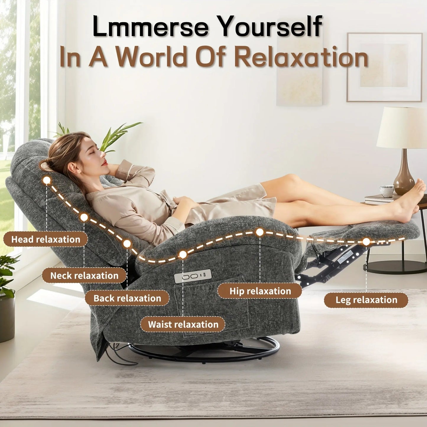 Woman relaxing in a massage chair with text highlighting relaxation benefits in a home setting.