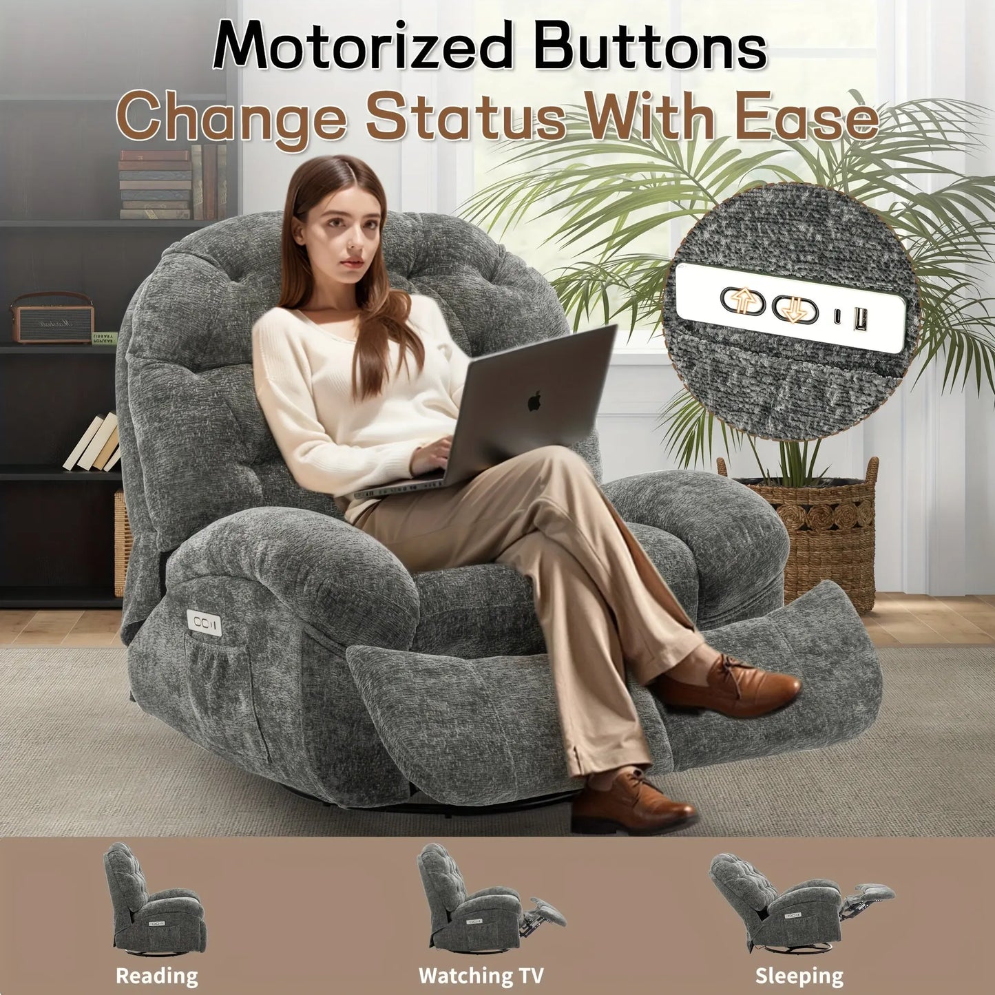 Woman using a laptop in a gray recliner chair with motorized buttons labeled for different activities.
