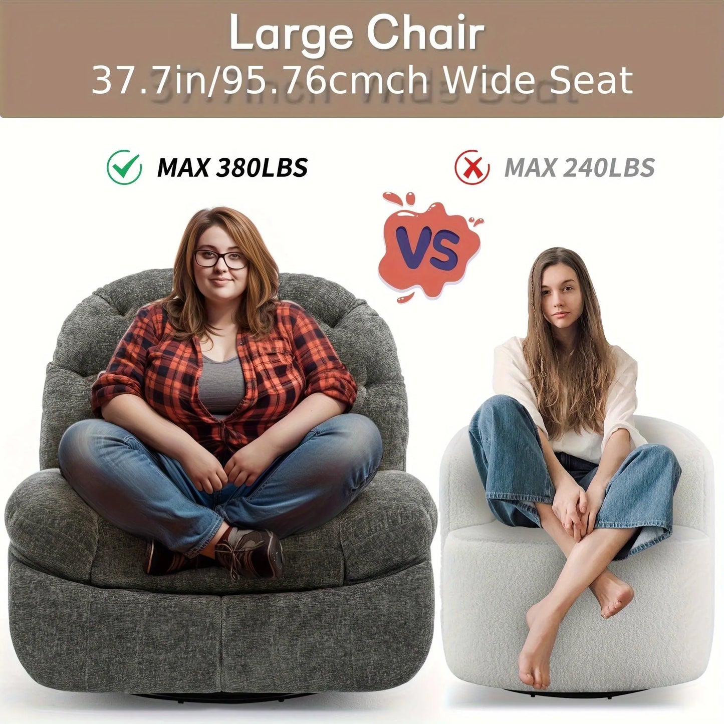 Comparison of a large chair with a wide seat capacity versus a smaller chair, showing weight limits.
